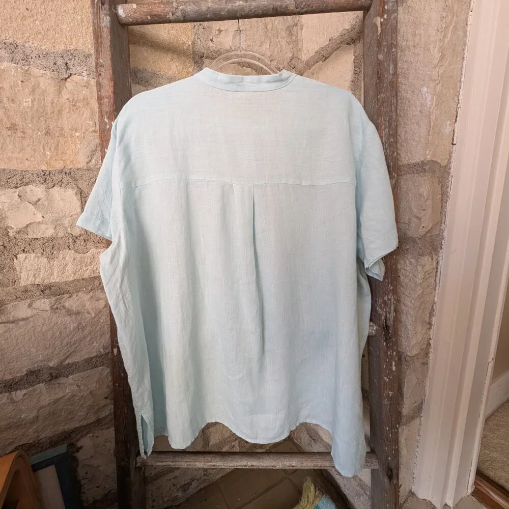 Eileen Fisher Organic Linen Band Collar Short-Sleeve Shirt Pale Aqua Size 1X - Picture 5 of 10